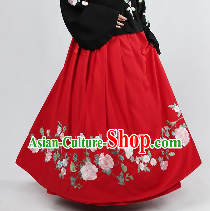 Asian Chinese Ming Dynasty Princess Costume Embroidery Red Skirts, Ancient China Palace Lady Embroidered Dress for Women