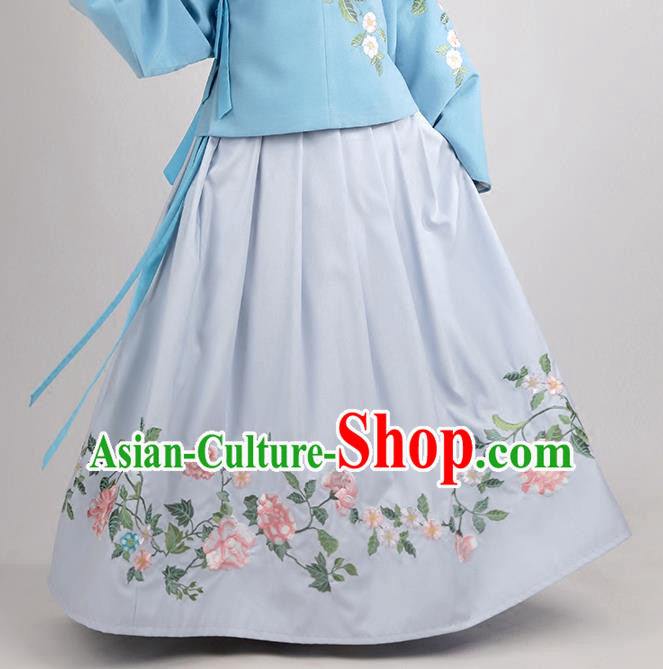 Asian Chinese Ming Dynasty Princess Costume Embroidery White Skirts, Ancient China Palace Lady Embroidered Dress for Women