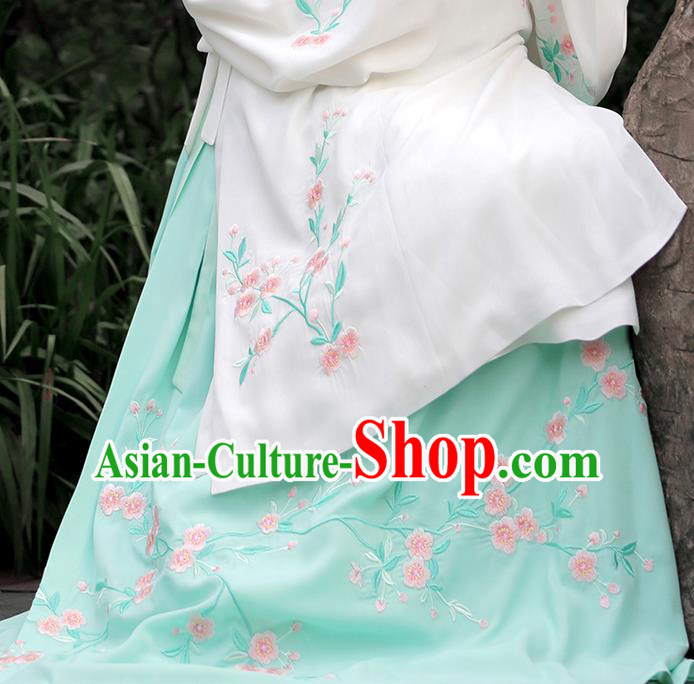 Asian Chinese Ming Dynasty Princess Costume Embroidery Begonia Green Skirts, Ancient China Palace Lady Embroidered Dress for Women