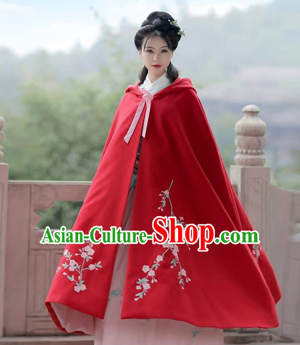 Asian Chinese Ming Dynasty Princess Costume Embroidery Red Cloak, Ancient China Palace Lady Embroidered Mantle for Women