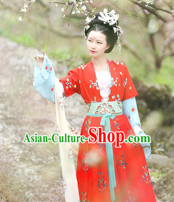 Traditional Chinese Ancient Hanfu Costume Red Blouse and Skirts Complete Set, Asian China Tang Dynasty Princess Embroidered Clothing for Women
