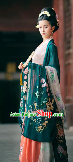 Traditional Chinese Ancient Hanfu Costume Deep Green Embroidered Cardigan, Asian China Jin Dynasty Wide Sleeve Cloak for Women