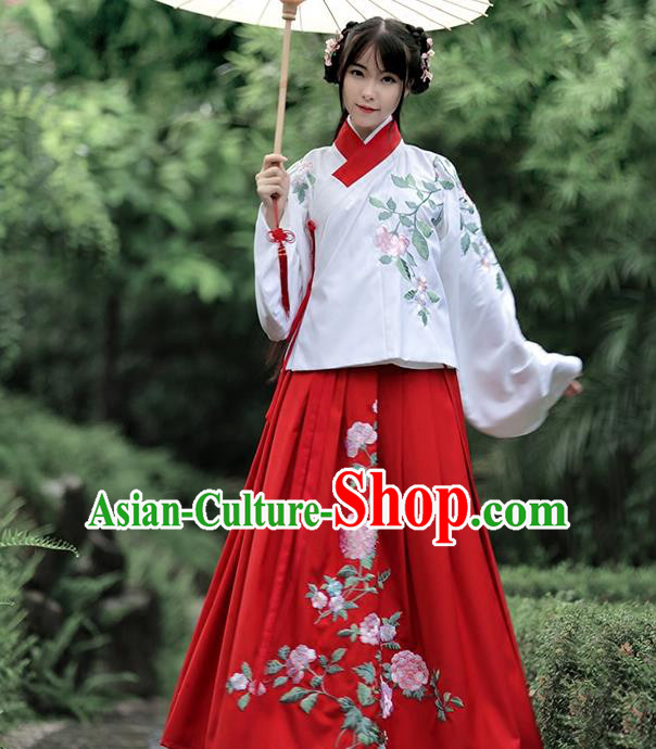 Traditional Chinese Ancient Young Lady Hanfu Costume Embroidered White Blouse, Asian China Ming Dynasty Princess Upper Outer Garment Clothing for Women