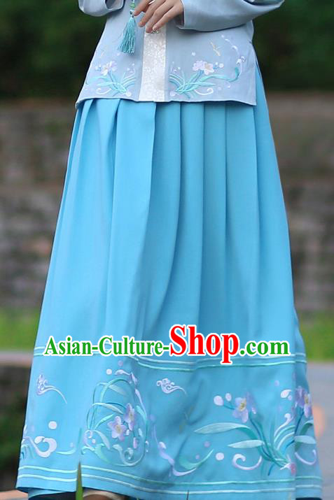 Asian Chinese Ming Dynasty Hanfu Costume Embroidered Blue Bust Skirt, Traditional China Ancient Princess Dress Clothing for Women