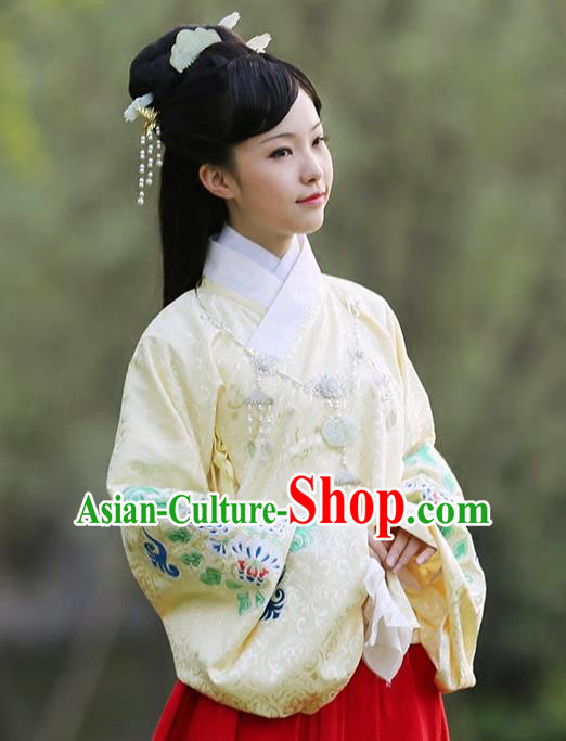 Asian Chinese Ming Dynasty Hanfu Embroidered Yellow Blouse Costume, Traditional China Ancient Princess Clothing for Women