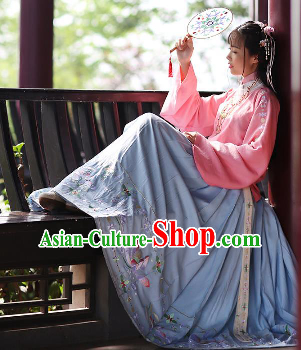 Asian Chinese Ming Dynasty Young Lady Hanfu Costume Embroidered Blue Skirt, Traditional China Ancient Princess Horse-face Skirt for Women