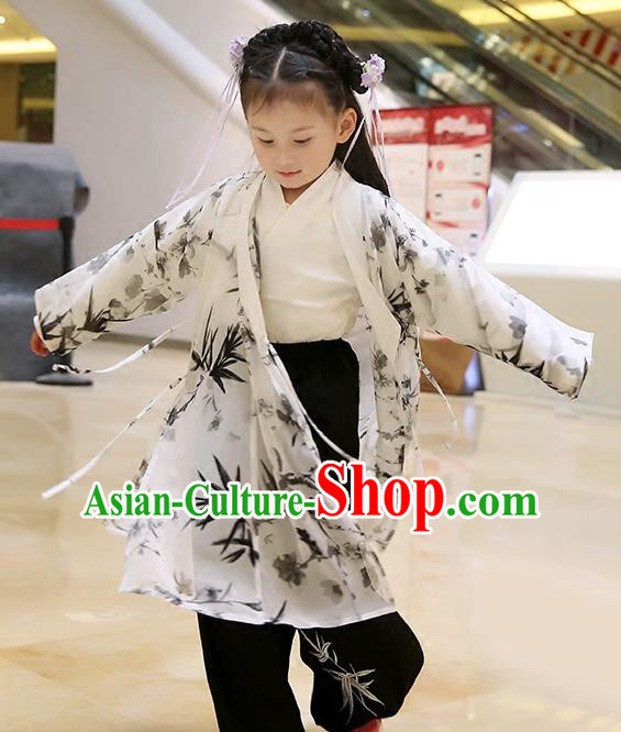 Asian Chinese Han Dynasty Children Hanfu Costume Complete Set, Traditional China Ancient Printing Bamboo Blouse and Pants Clothing for Kids