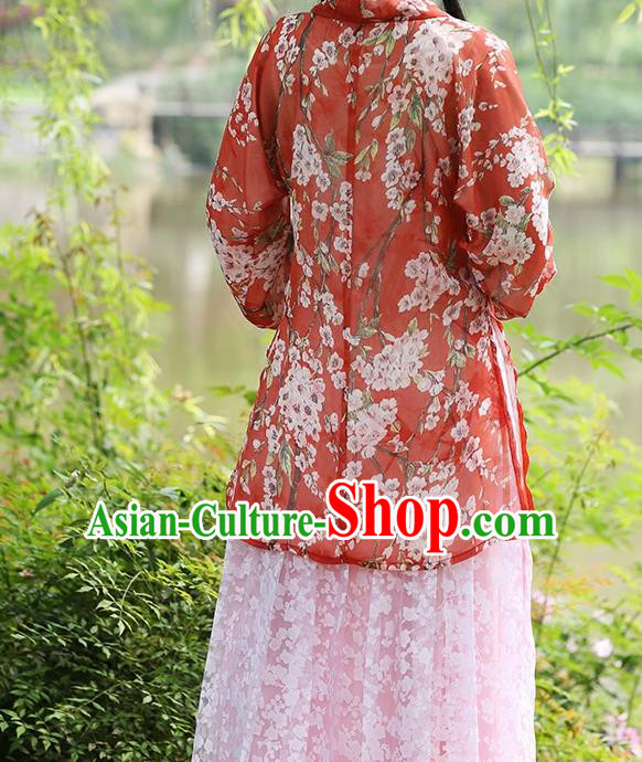 Asian Chinese Song Dynasty Young Lady Costume Hanfu BeiZi, Traditional China Ancient Princess Red Blouse for Women