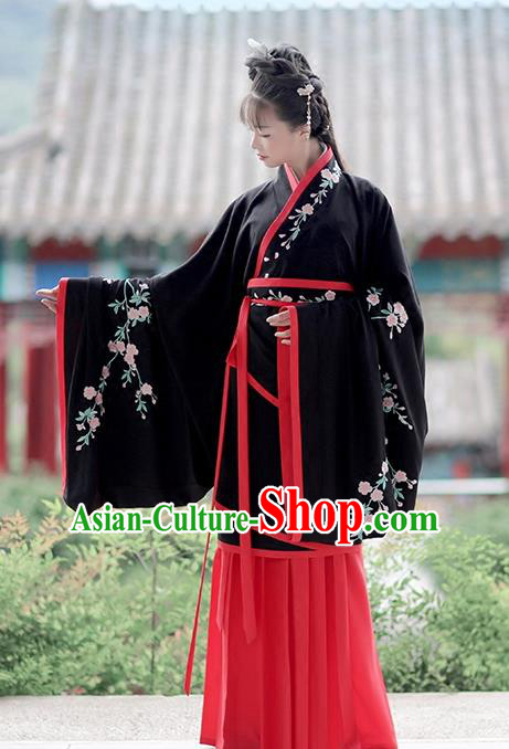 Asian Chinese Han Dynasty Costume Hanfu Embroidery Black Curve Bottom, Traditional China Ancient Embroidered Dress Clothing for Women
