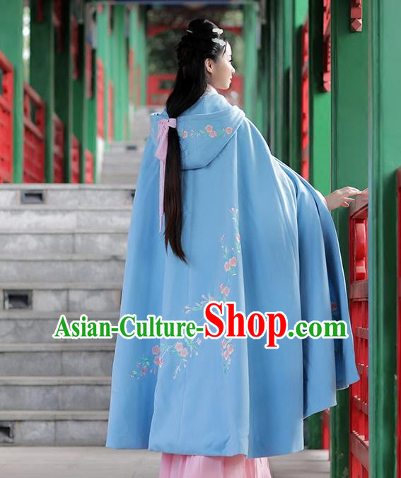 Asian Chinese Ming Dynasty Imperial Princess Mantle Costume, Traditional China Ancient Young Lady Embroidered Blue Cloak Clothing