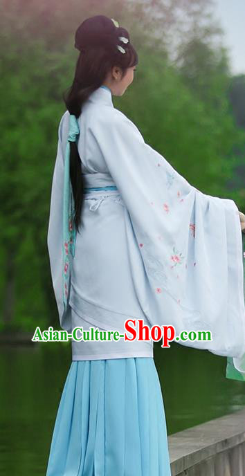 Asian Chinese Han Dynasty Imperial Princess Blue Curve Bottom Costume, Traditional China Ancient Palace Lady Embroidered Dress for Women
