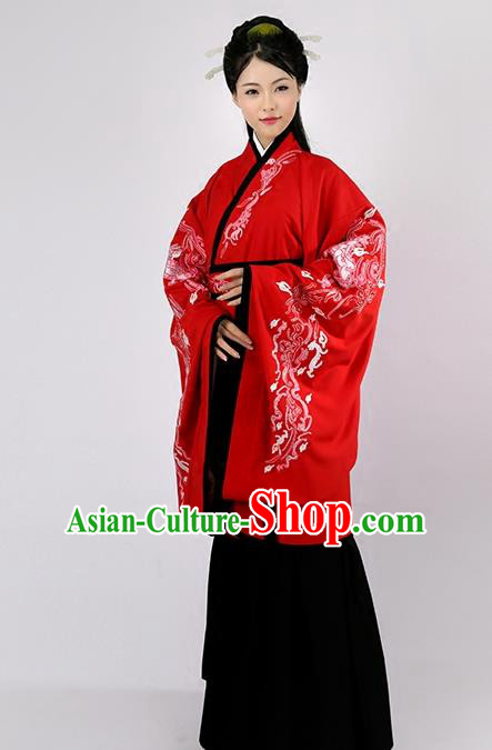 Asian Chinese Han Dynasty Palace Lady Red Curve Bottom Costume Complete Set, Traditional China Ancient Princess Embroidered Clothing