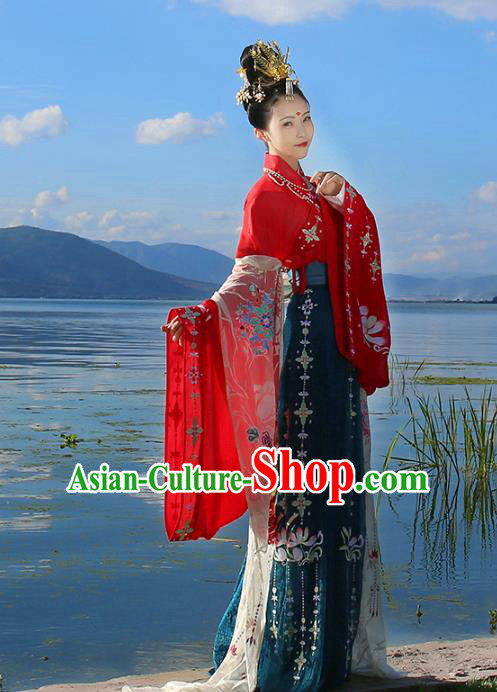 Asian Chinese Tang Dynasty Imperial Princess Wedding Costume, Ancient China Palace Lady Embroidered Bride Red Clothing Complete Set