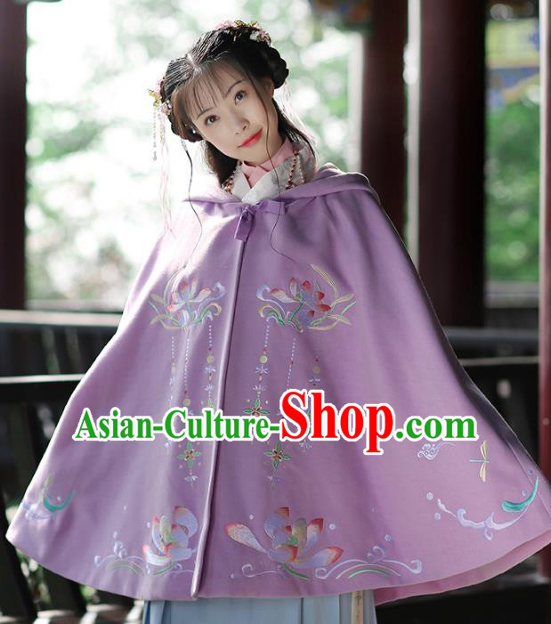 Asian Chinese Ming Dynasty Young Lady Costume Purple Cloak, Ancient China Princess Embroidered Mantle Clothing for Women