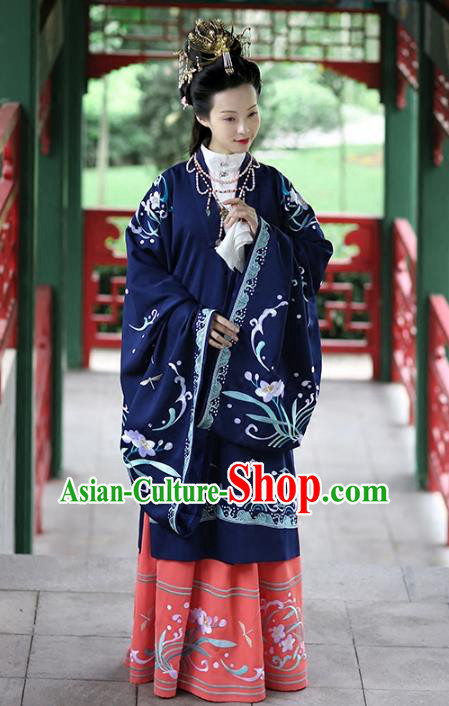 Asian Chinese Song Dynasty Young Lady Costume Navy Cloak, Ancient China Princess Embroidered BeiZi Clothing for Women