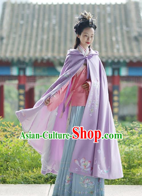 Asian Chinese MIng Dynasty Young Lady Costume Purple Cloak, Ancient China Princess Embroidered Mantle Clothing for Women