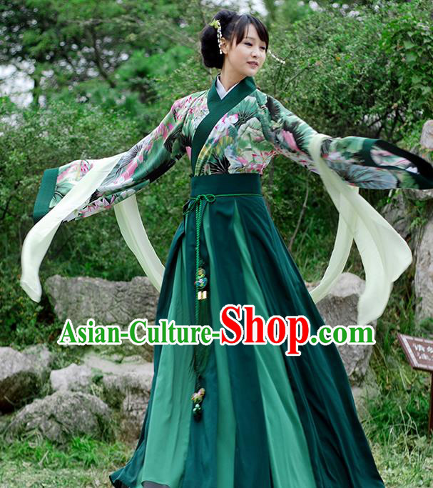 Asian Chinese Tang Dynasty Imperial Concubine Costume Slip Skirt, Ancient China Palace Lady Printing Green Clothing for Women