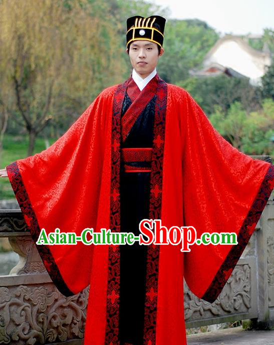 Asian Chinese Han Dynasty Wedding Costume, Ancient China Bridegroom Embroidered Red Clothing for Men