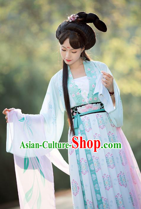 Asian Chinese Tang Dynasty Princess Embroidery Costume Complete Set, Ancient China Palace Lady Clothing for Women