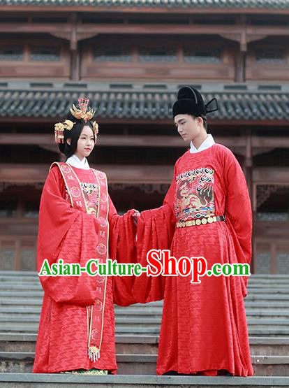 Asian Chinese Ming Dynasty Emperor and Empress Wedding Costume Complete Set, Ancient China Bride and Bridegroom Embroidered Clothing for Women for Men