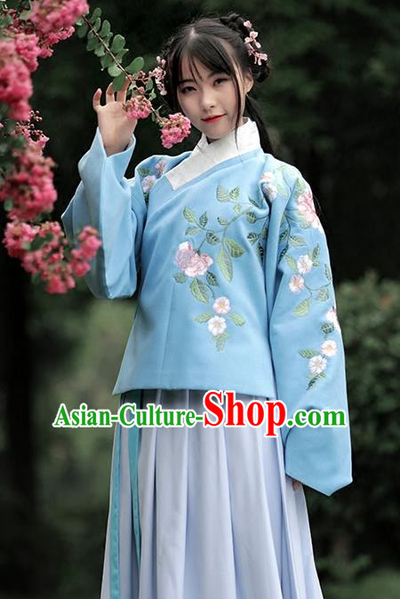 Asian Chinese Ming Dynasty Young Lady Costume Blue Embroidery Wool Blouse, Ancient China Princess Embroidered Clothing for Women