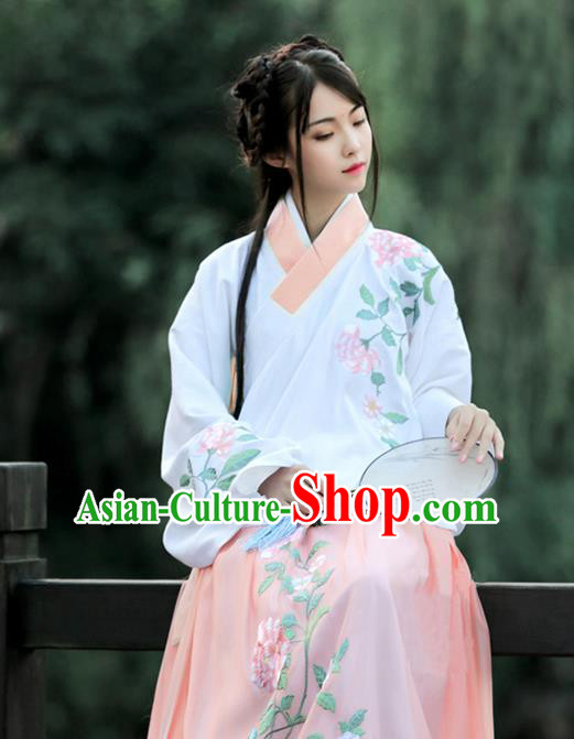 Asian Chinese Ming Dynasty Young Lady Costume Pink Embroidery Blouse, Ancient China Princess Embroidered Clothing for Women