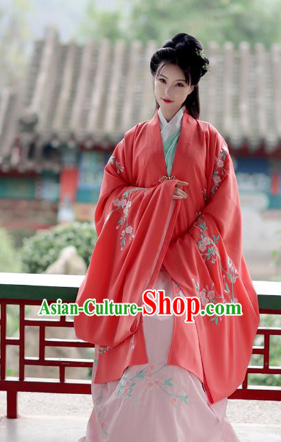 Asian Chinese Ming Dynasty Young Lady Costume Red Cloak, Ancient China Princess Embroidered Hanfu Wide Sleeve Cardigan for Women