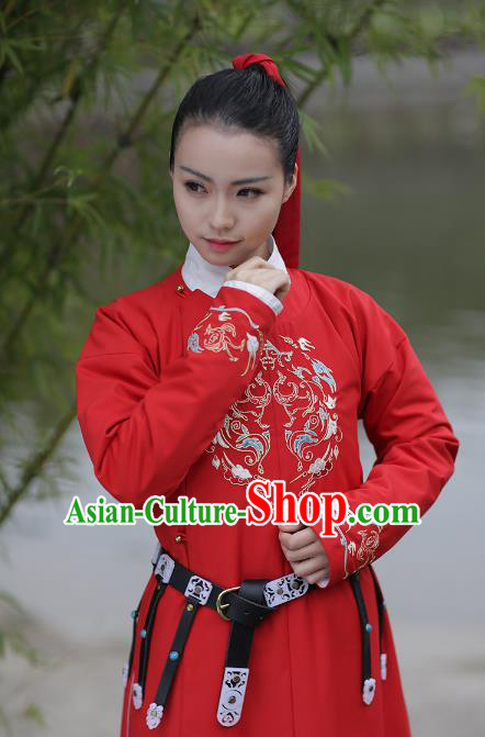 Asian Chinese Ming Dynasty Swordswoman Costume Red Long Robe, Ancient China Imperial Guards Embroidered Hanfu Clothing for Women