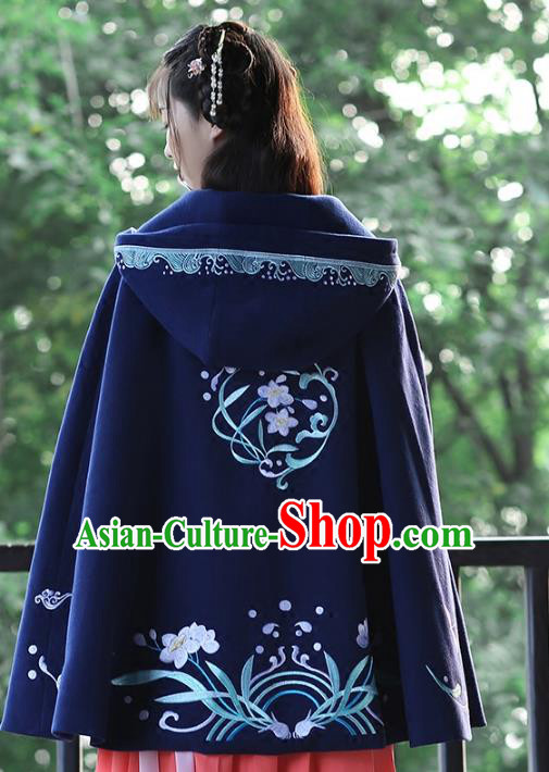 Asian Chinese Ming Dynasty Young Lady Navy Embroidered Cloak, Ancient China Princess Hanfu Short Mantle Clothing for Women