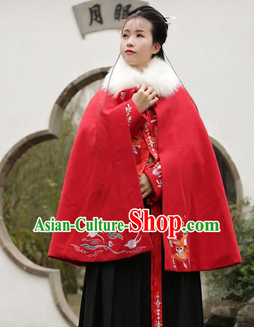 Asian Chinese Ming Dynasty Young Lady Embroidered Red Wool Cloak, Ancient China Princess Hanfu Short Mantle Clothing for Women