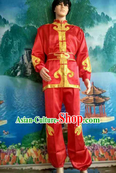 Traditional Chinese Classical Dance Yangge Fan Dance Costume, Folk Dance Drum Dance Lion Dance Red Clothing for Men