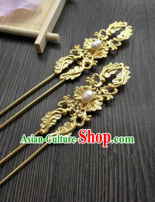 Traditional Handmade Chinese Hair Accessories Golden Hairpins, China Palace Lady Hanfu Pearls Hair Stick for Women