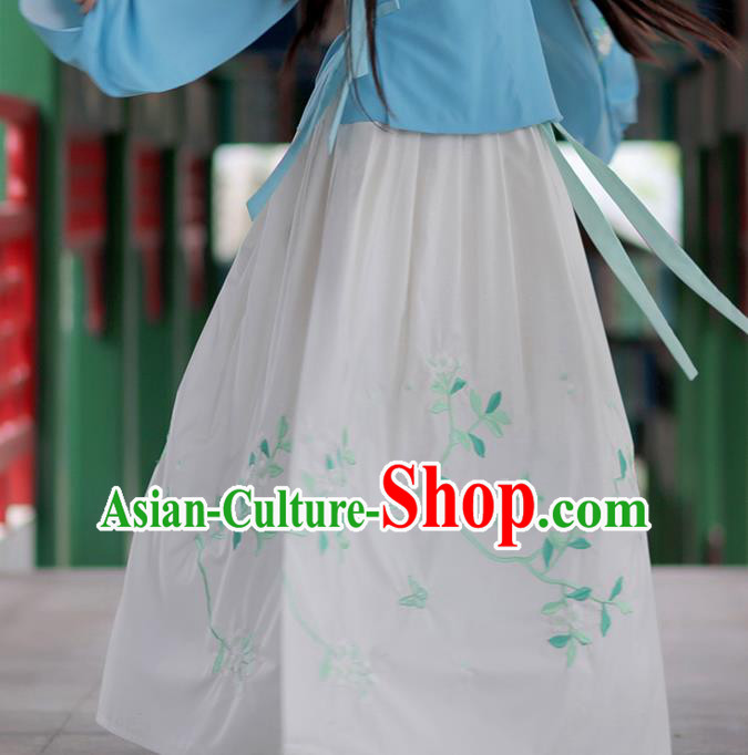 Asian Chinese Ming Dynasty Young Lady Costume White Bust Skirt, Ancient China Princess Embroidered Hanfu Dress Clothing for Women