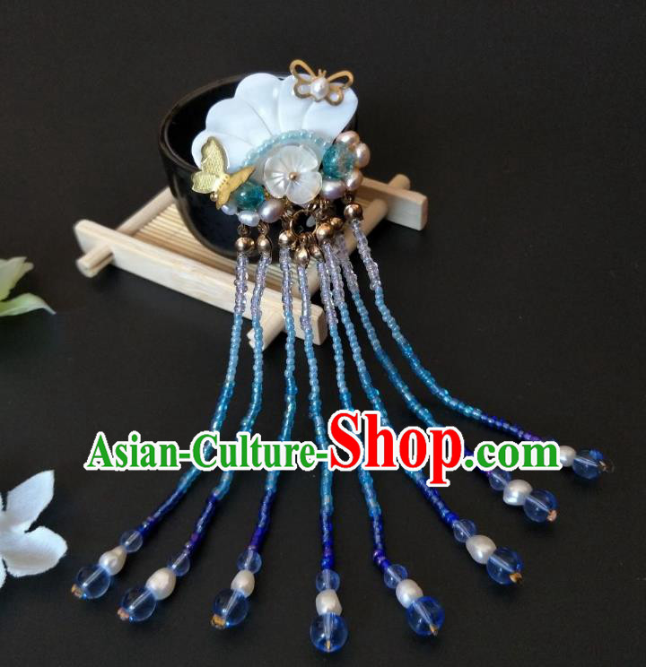 Traditional Handmade Chinese Hair Accessories Hanfu Shell Hairpins, China Ancient Tang Dynasty Palace Lady Blue Beads Tassel Step Shake for Women