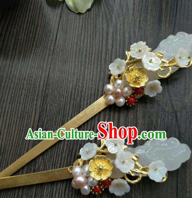 Traditional Handmade Chinese Hair Accessories White Flowers Jade Hairpins, China Ancient Tang Dynasty Palace Lady Hanfu Hair Stick for Women