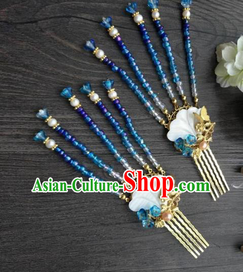 Traditional Handmade Chinese Hair Accessories Blue Beads Tassel Hair Comb Kanzashi, China Ancient Palace Lady Hanfu Hairpins for Women