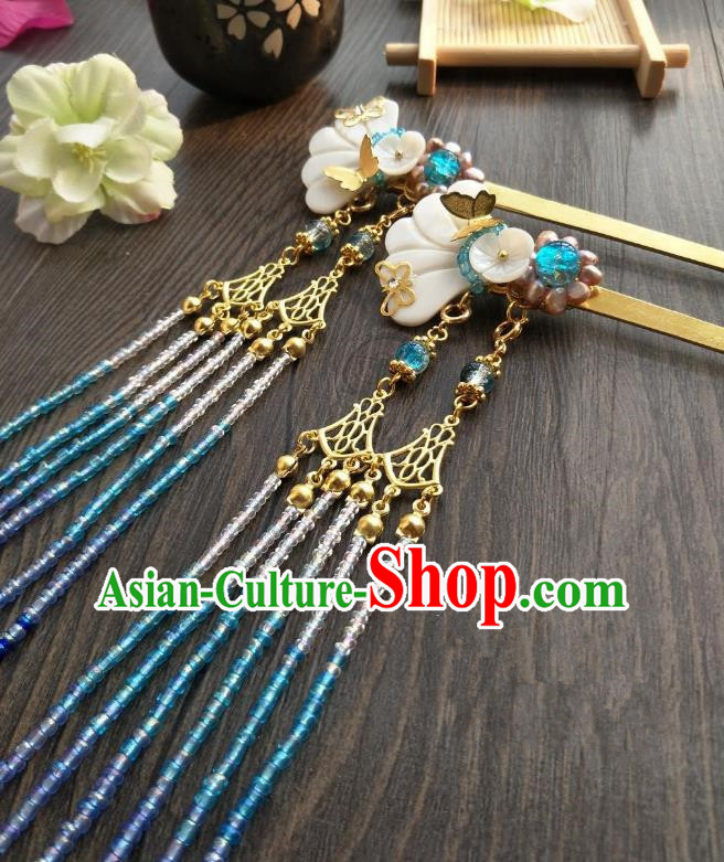Traditional Handmade Chinese Hair Accessories Blue Beads Tassel Step Shake Kanzashi, China Ancient Palace Lady Hanfu Hairpins for Women