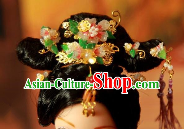 Traditional Handmade Chinese Qing Dynasty Hair Accessories Complete Set, Manchu High Coiffure Imperial Concubine Tassel Hairpins Headpiece