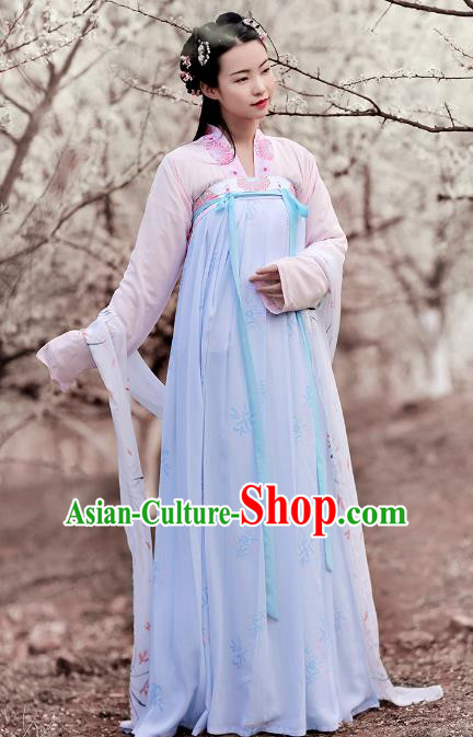 Asian Chinese Tang Dynasty Palace Lady Embroidered Blouse and Slip Skirts, Ancient China Princess Hanfu Clothing for Women