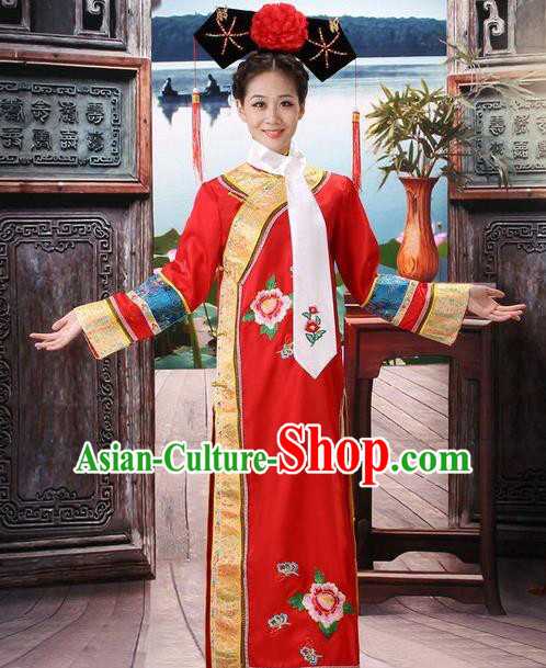 Traditional Ancient Chinese Manchu Palace Lady Red Costume, Asian Chinese Qing Dynasty Princess Embroidered Dress Clothing for Women
