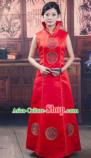 Traditional Ancient Chinese Republic of China Red Wedding Cheongsam, Asian Chinese Chirpaur Embroidered Qipao Dress Clothing for Women