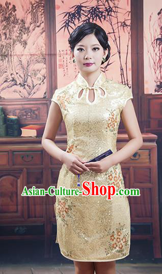 Traditional Ancient Chinese Republic of China Golden Silk Cheongsam, Asian Chinese Chirpaur Embroidered Qipao Dress Clothing for Women