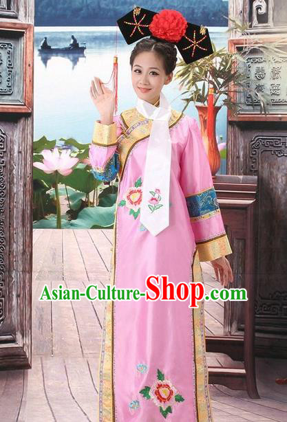 Traditional Ancient Chinese Manchu Palace Lady Pink Costume, Asian Chinese Qing Dynasty Princess Embroidered Dress Clothing for Women