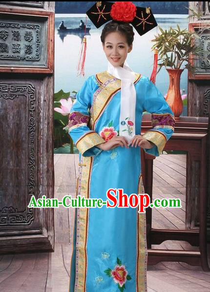 Traditional Ancient Chinese Manchu Palace Lady Costume, Asian Chinese Qing Dynasty Imperial Consort Embroidered Blue Dress Clothing for Women