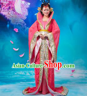 Asian China Ancient Tang Dynasty Imperial Concubine Costume, Traditional Chinese Hanfu Embroidered Red Dress Clothing for Women