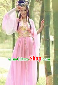 Asian China Ancient Tang Dynasty Imperial Concubine Costume, Traditional Chinese Hanfu Embroidered Pink Fairy Dress Clothing for Women