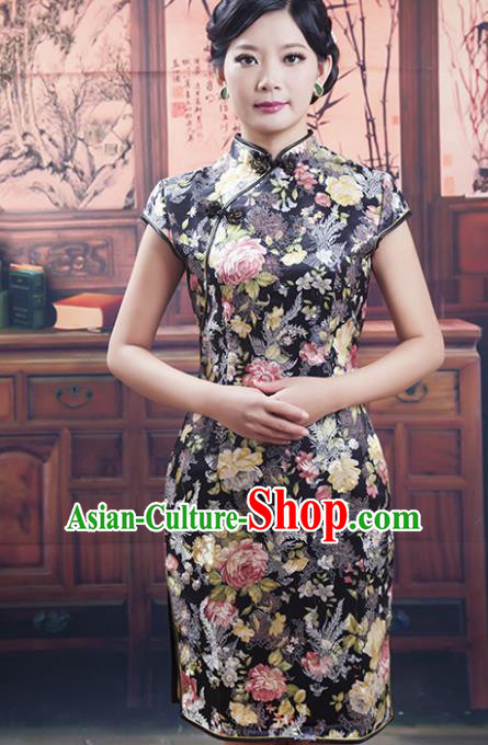 Traditional Chinese National Costume Blue and White Porcelain Qipao Printing Black Cheongsam Dress for Women