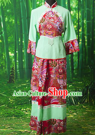 Traditional Chinese Classical Dance Yangge Fan Dancing Costume, Folk Dance Drum Dance Yangko Green Clothing for Women