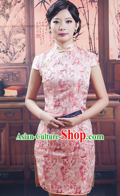 Traditional Ancient Chinese Republic of China Pink Silk Short Cheongsam, Asian Chinese Chirpaur Printing Qipao Dress Clothing for Women