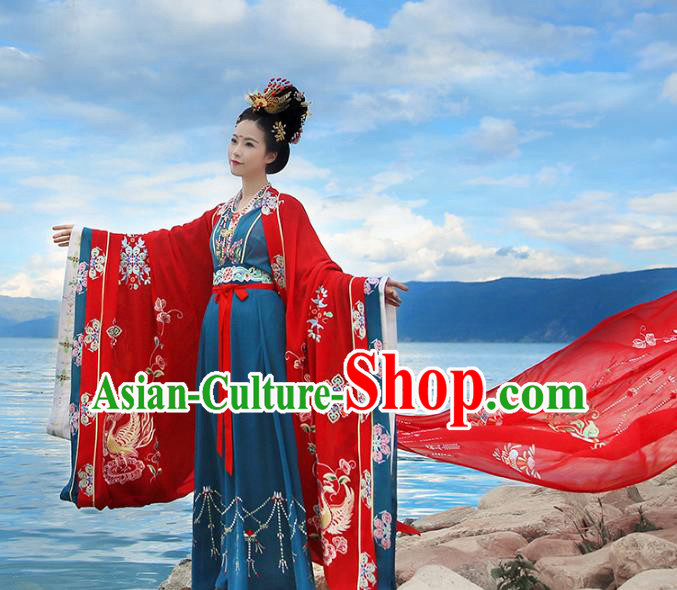 Asian Chinese Tang Dynasty Wedding Embroidered Costume, Ancient China Palace Lady Bride Embroidery Clothing Complete Set